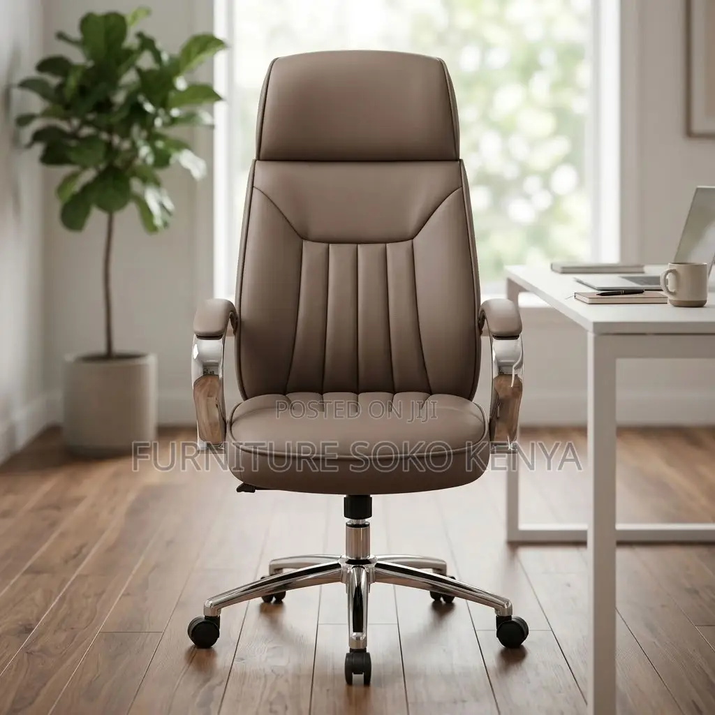 Office Chair; Brown Leather High Backrest Clerical Office Chair