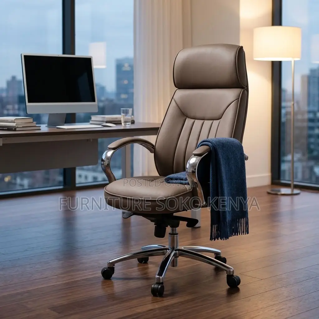 Office Chair; Brown Leather High Backrest Clerical Office Chair