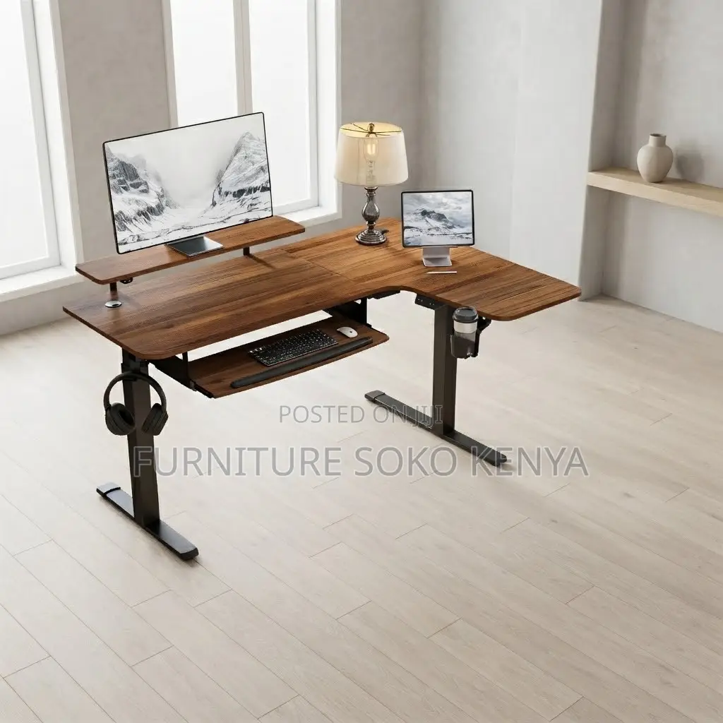 Office Desk; 140cm Adjustable Electric L Extended Desk