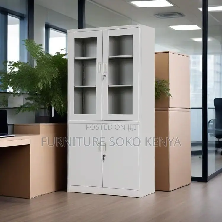 Office Cabinet : 4-Door / Half-Glass Steel Storage Cabinet