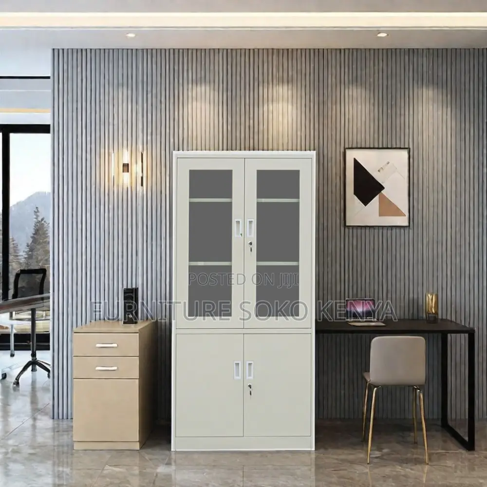 Office Cabinet : 4-Door / Half-Glass Steel Storage Cabinet