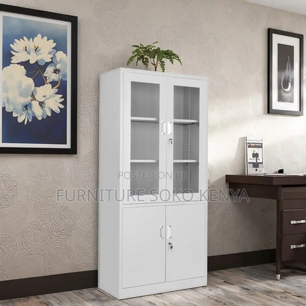 Office Cabinet : 4-Door / Half-Glass Steel Storage Cabinet