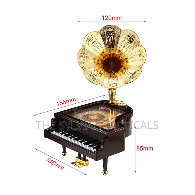 *Loud Vintage Retro Music Box Piano Phonograph Gold Trumpet Horn Home