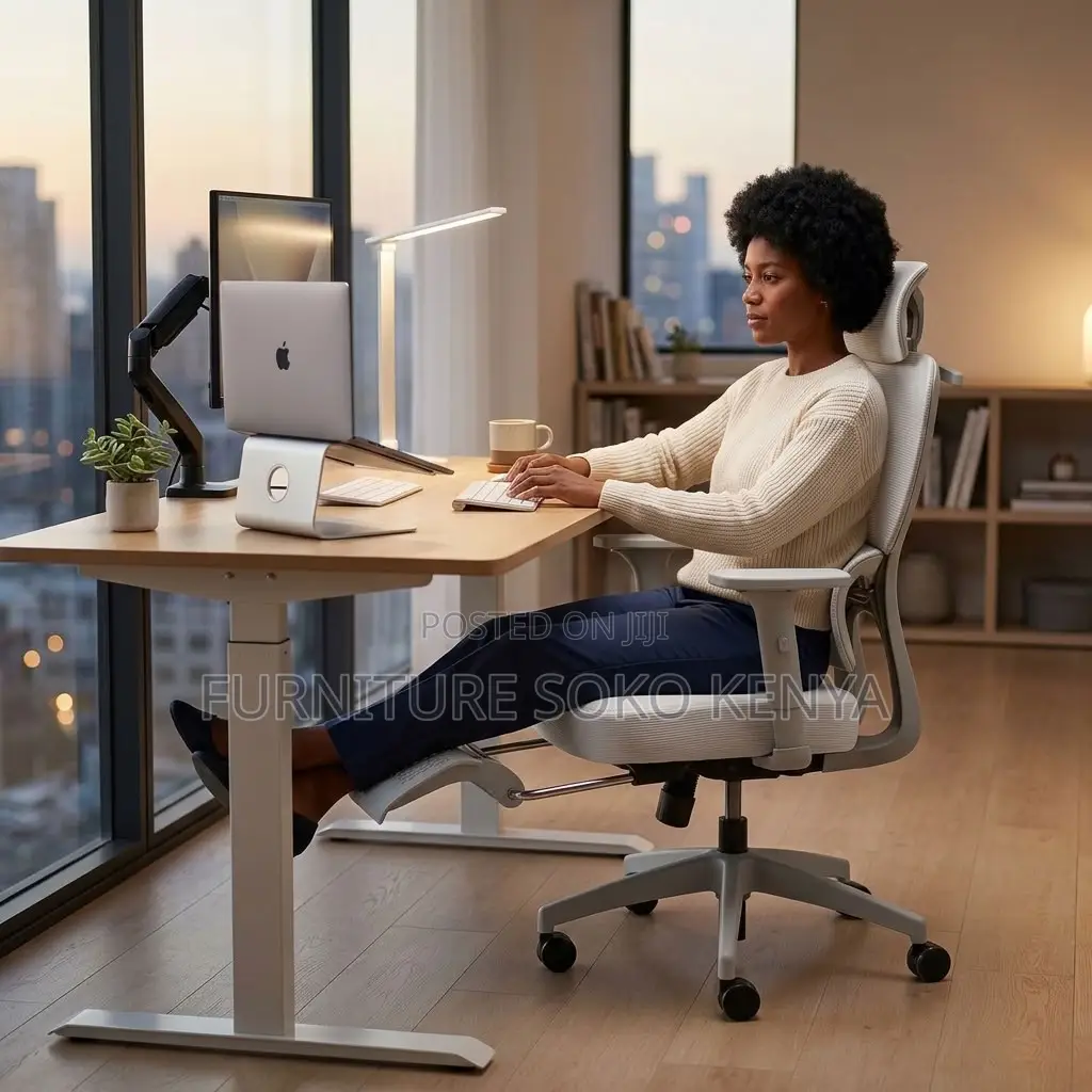 Office Chair : White & Grey Ergonomic Chair With Retractable Footrest