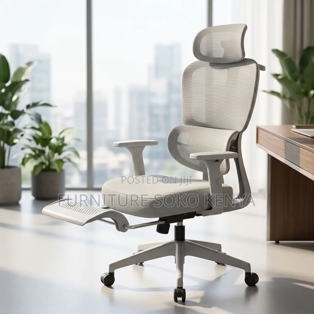 Office Chair : White & Grey Ergonomic Chair With Retractable Footrest