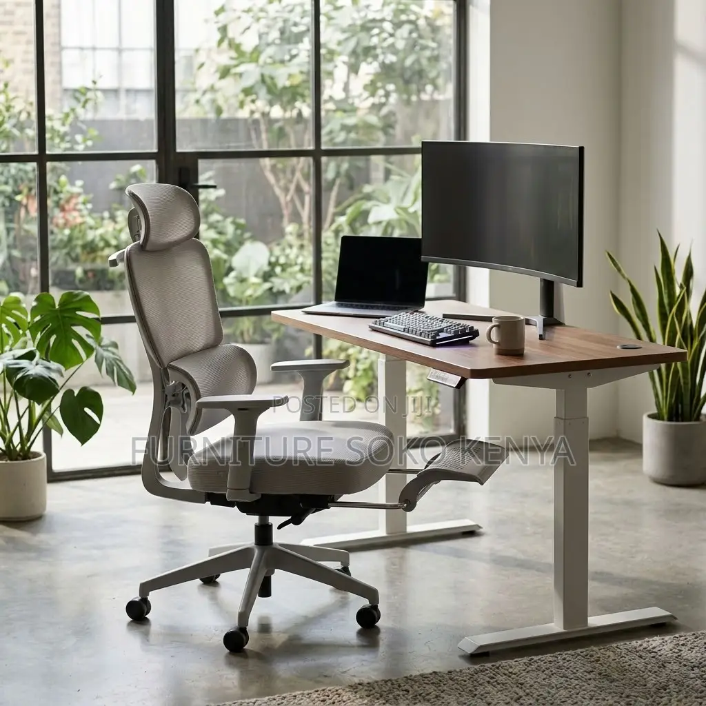 Office Chair : White & Grey Ergonomic Chair With Retractable Footrest