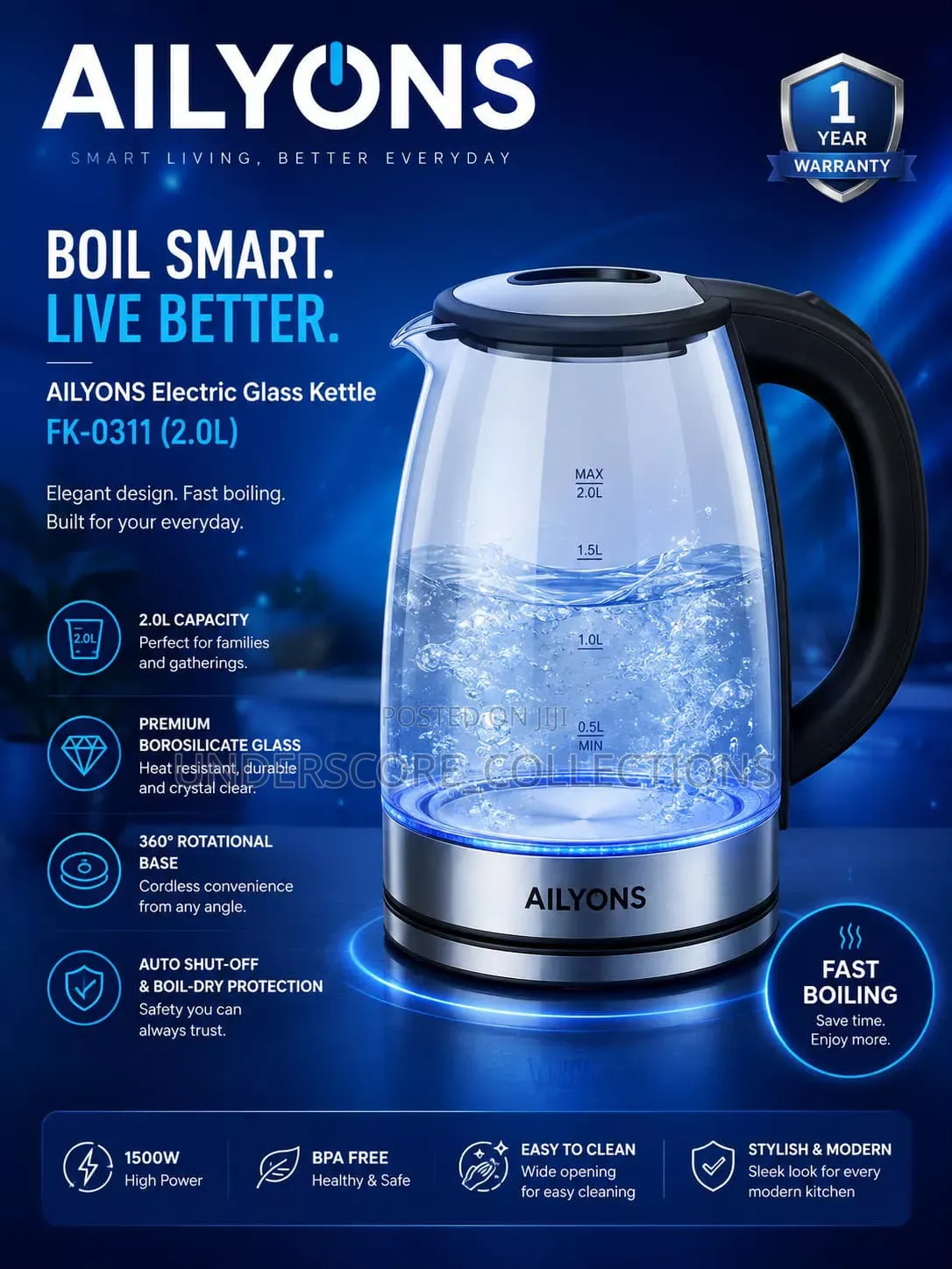 Ailyons 2ltrs Glass Kettle
