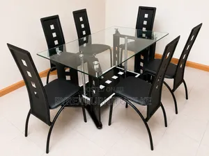 6 Seater Modern Glass Top Dining Table Set With Black Leather Chairs