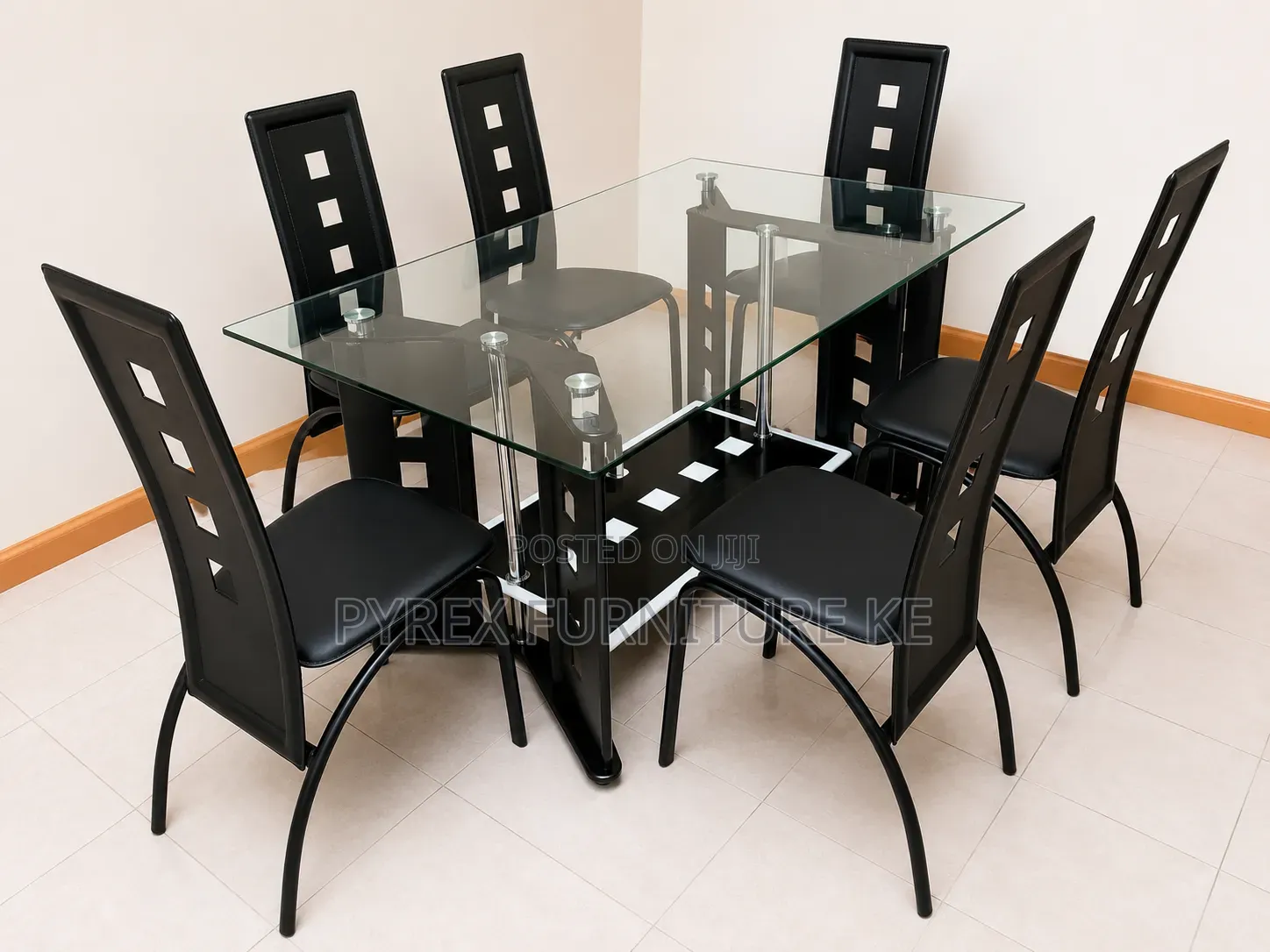 6 Seater Modern Glass Top Dining Table Set With Black Leather Chairs