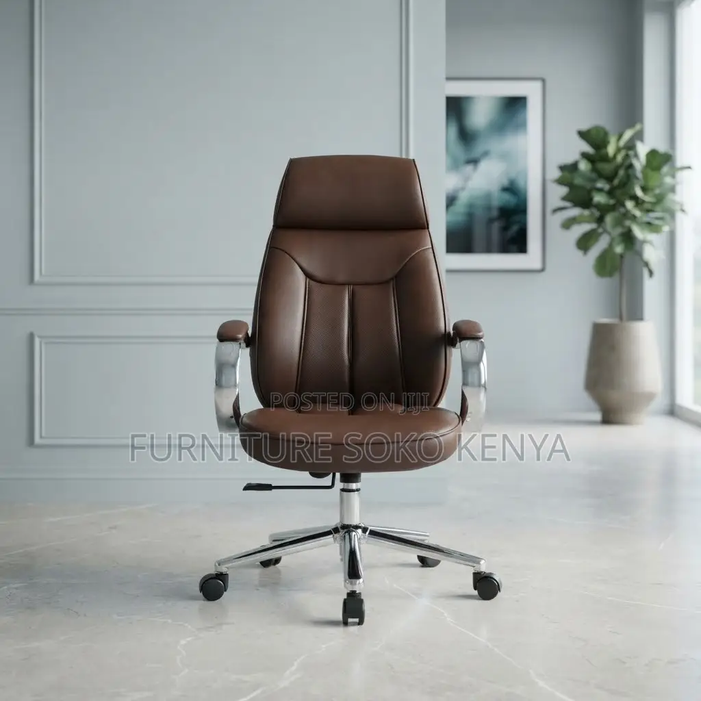 Office Chair; Brown Leather Swivel Executive Officials Seat