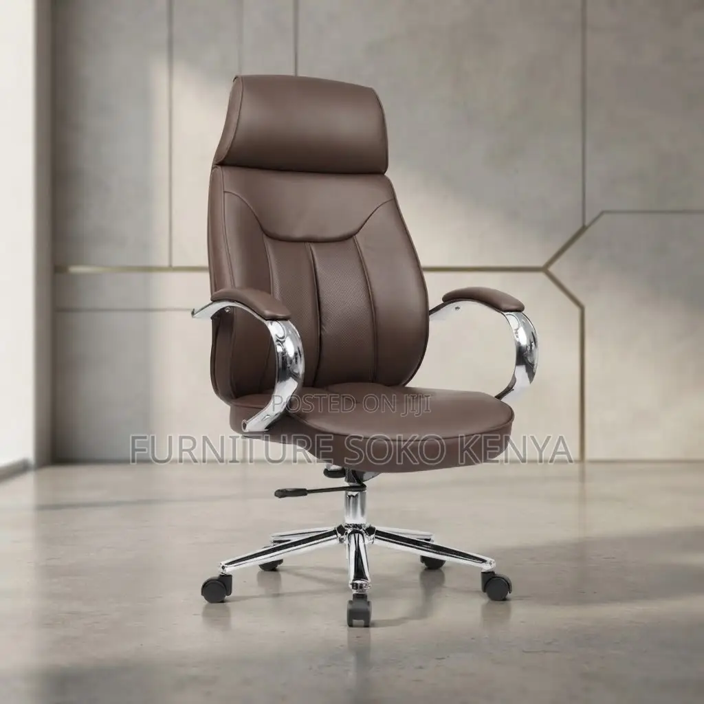 Office Chair; Brown Leather Swivel Executive Officials Seat