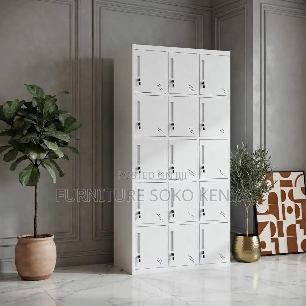 Office Cabinet; 15-Door Gray Metal Locker Cabinet.