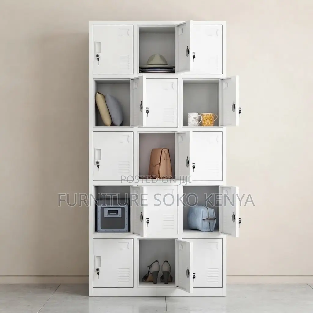 Office Cabinet; 15-Door Gray Metal Locker Cabinet.