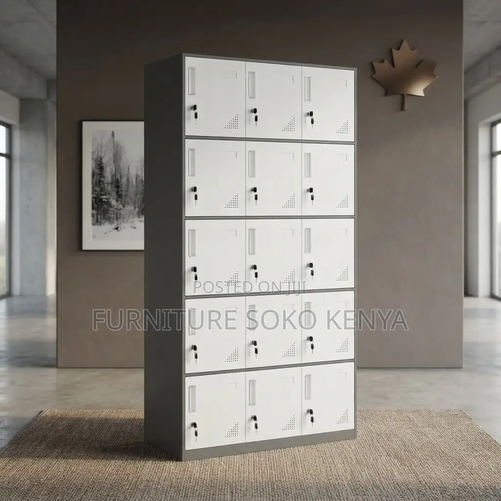 Office Cabinet; 15-Door Gray Metal Locker Cabinet.