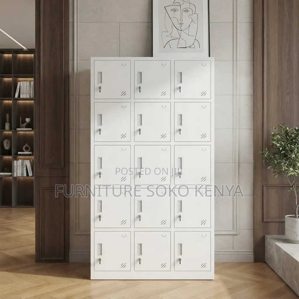 Office Cabinet; 15-Door Gray Metal Locker Cabinet.