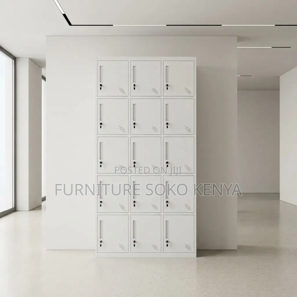 Office Cabinet; 15-Door Gray Metal Locker Cabinet.