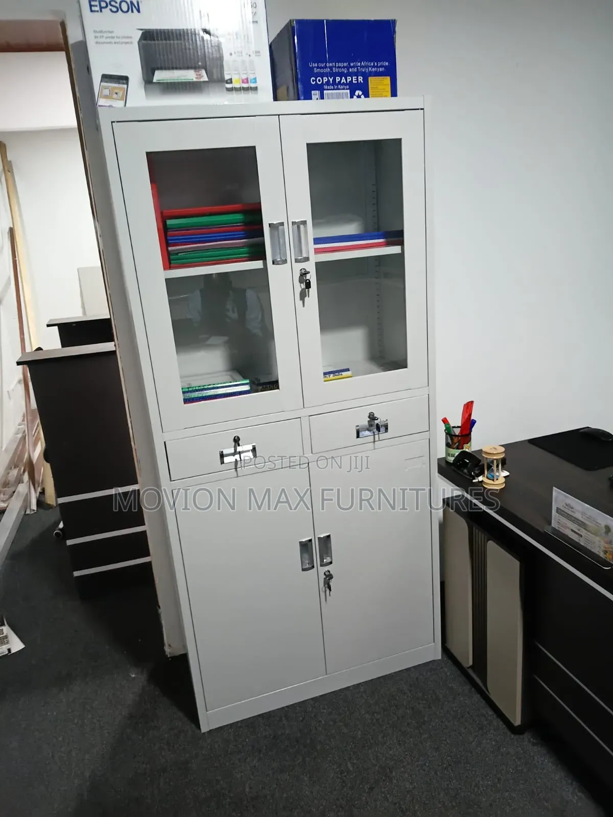 Modern White Steel Office Storage Cabinet With Glass /Lockable Drawers