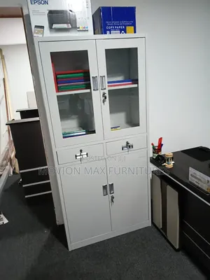 Modern White Steel Office Storage Cabinet With Glass /Lockable Drawers