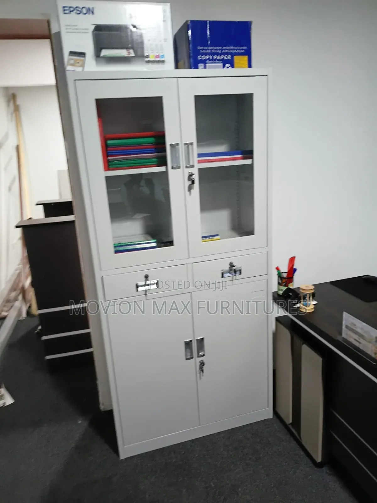 Modern White Steel Office Storage Cabinet With Glass /Lockable Drawers