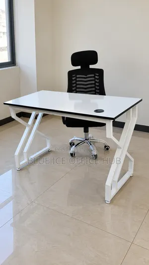 White Office Desk With Black Mesh Chair