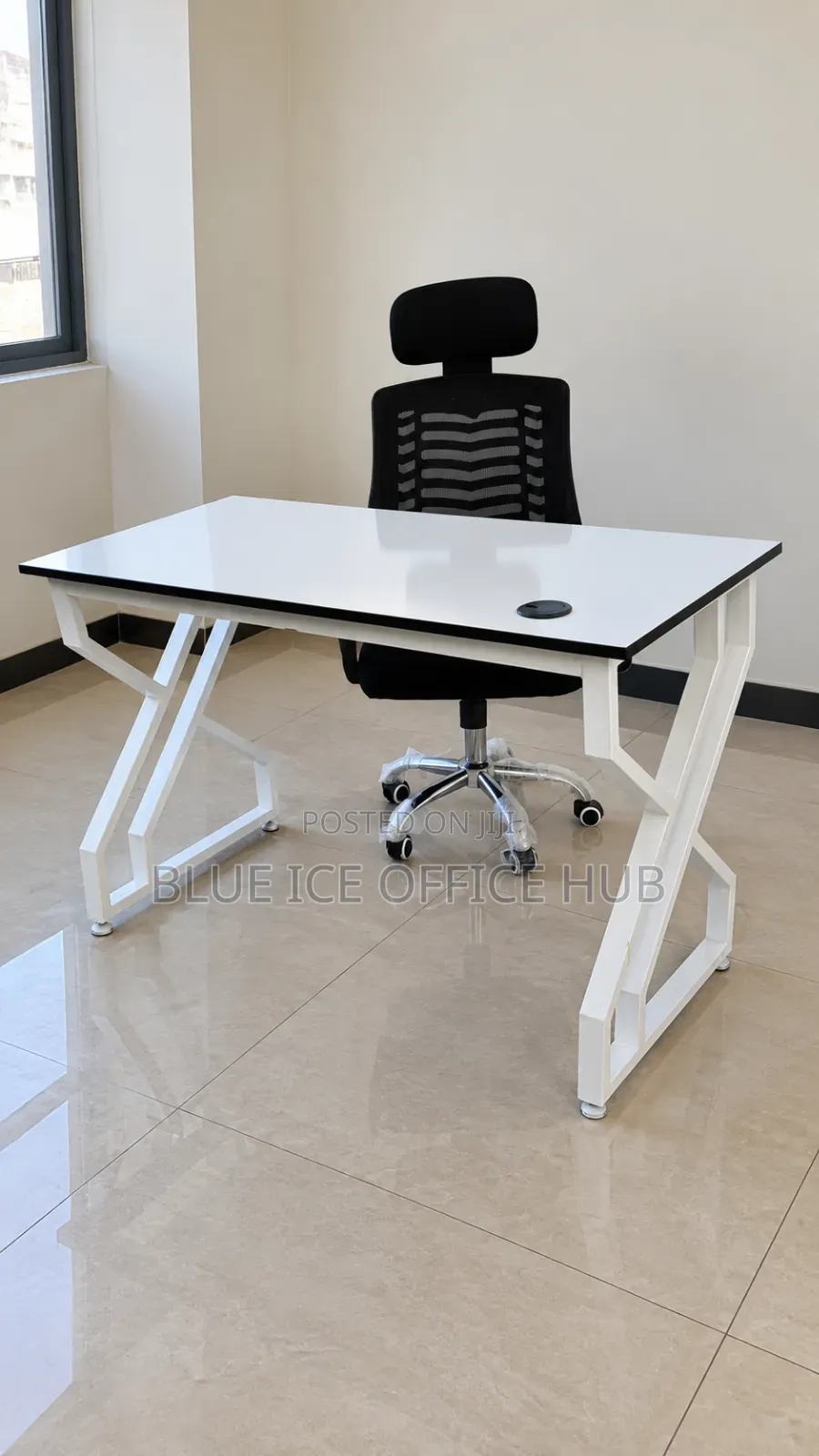 White Office Desk With Black Mesh Chair
