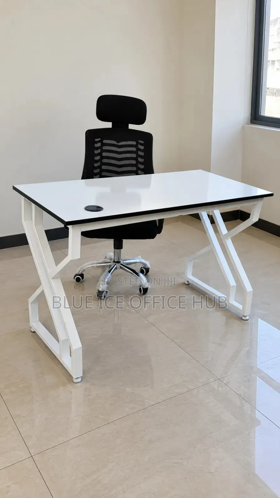 White Office Desk With Black Mesh Chair