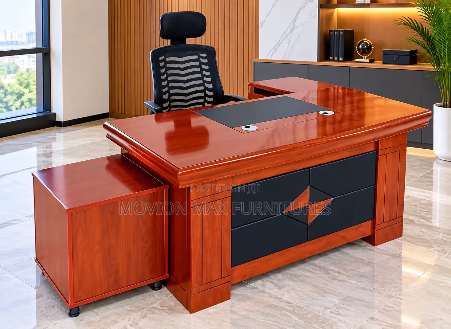 Executive Mahogany Office Desk With Black Front Panels / Side Cabinet