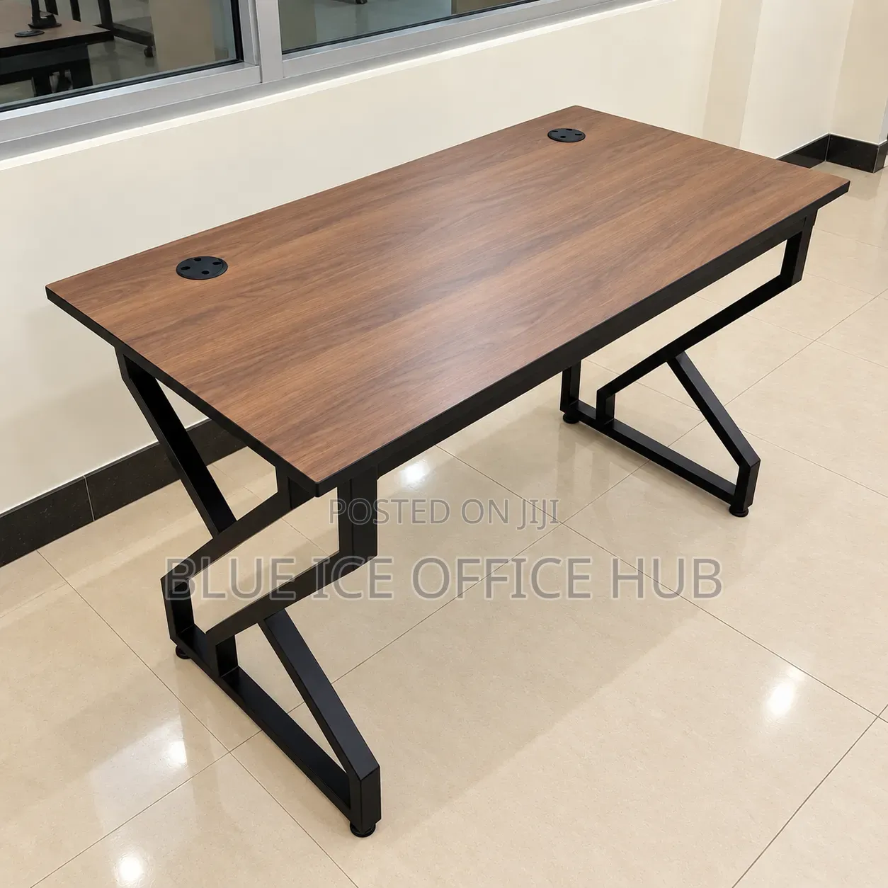 Brown Office Desk With Black Metal Frame