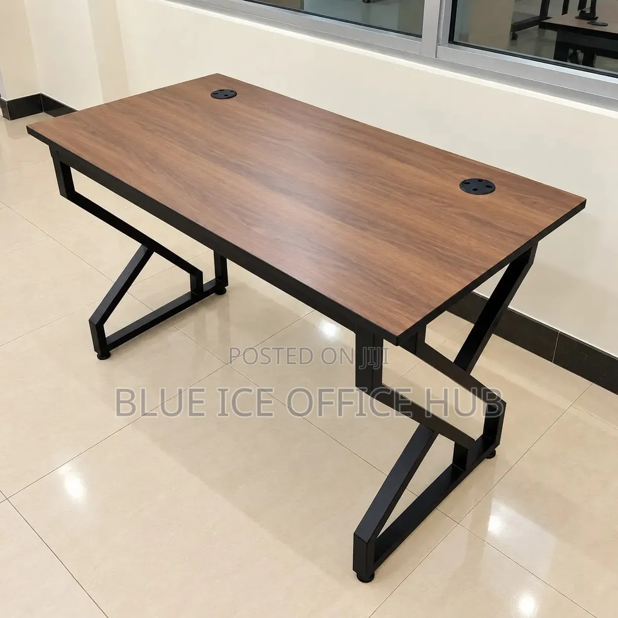 Brown Office Desk With Black Metal Frame