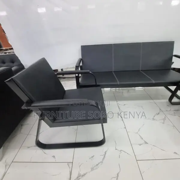 Reception Sofa : Black Leatherette 5-Seater Guest Armchair Set