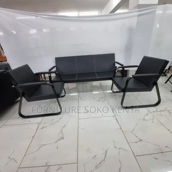 Reception Sofa : Black Leatherette 5-Seater Guest Armchair Set