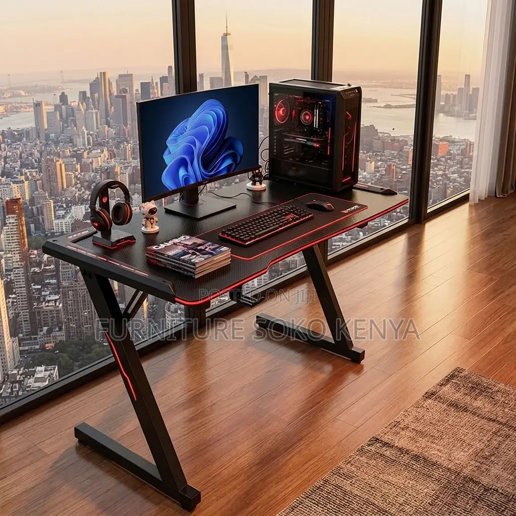 Gaming Desk : Carbon-Fiber-Style Z-Shaped Gaming Desk With LED Lights