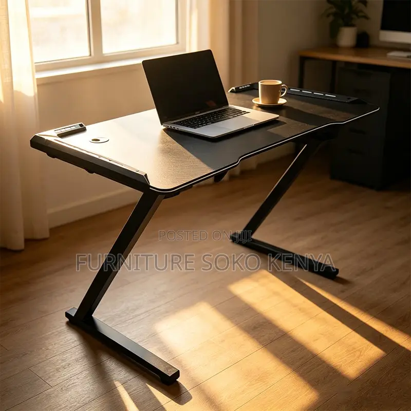 Gaming Desk : Carbon-Fiber-Style Z-Shaped Gaming Desk With LED Lights