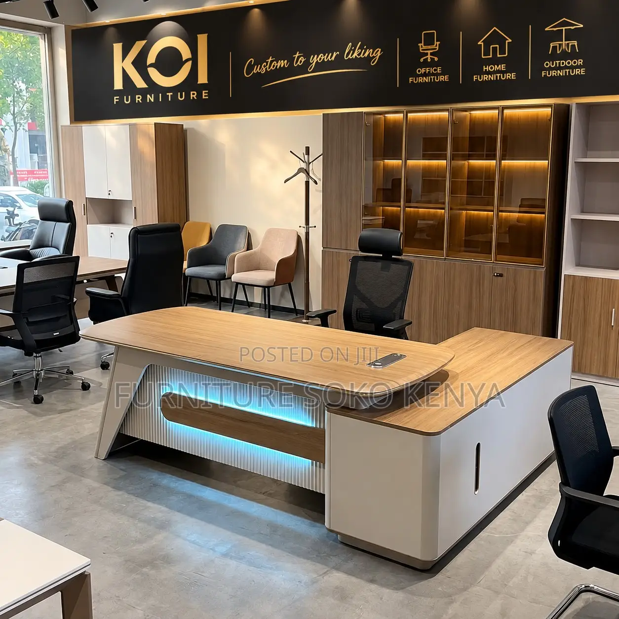 Office Desk : L-Shaped Executive Office Desk With LED Lighting