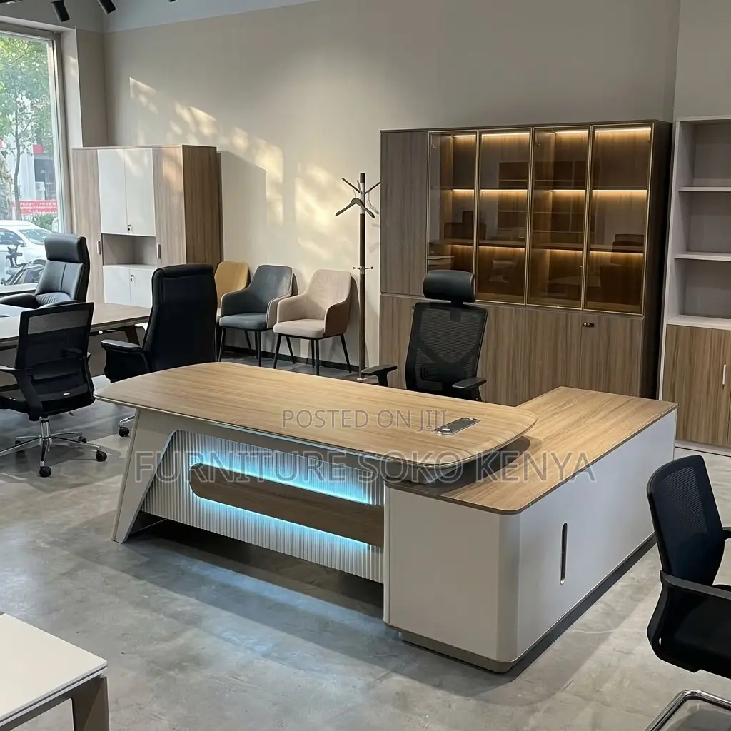 Office Desk : L-Shaped Executive Office Desk With LED Lighting
