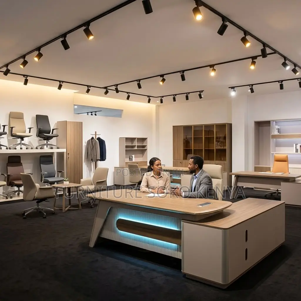 Office Desk : L-Shaped Executive Office Desk With LED Lighting