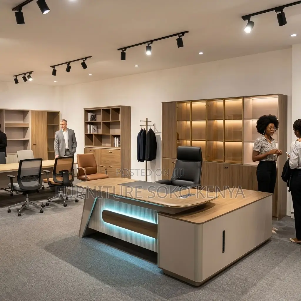 Office Desk : L-Shaped Executive Office Desk With LED Lighting