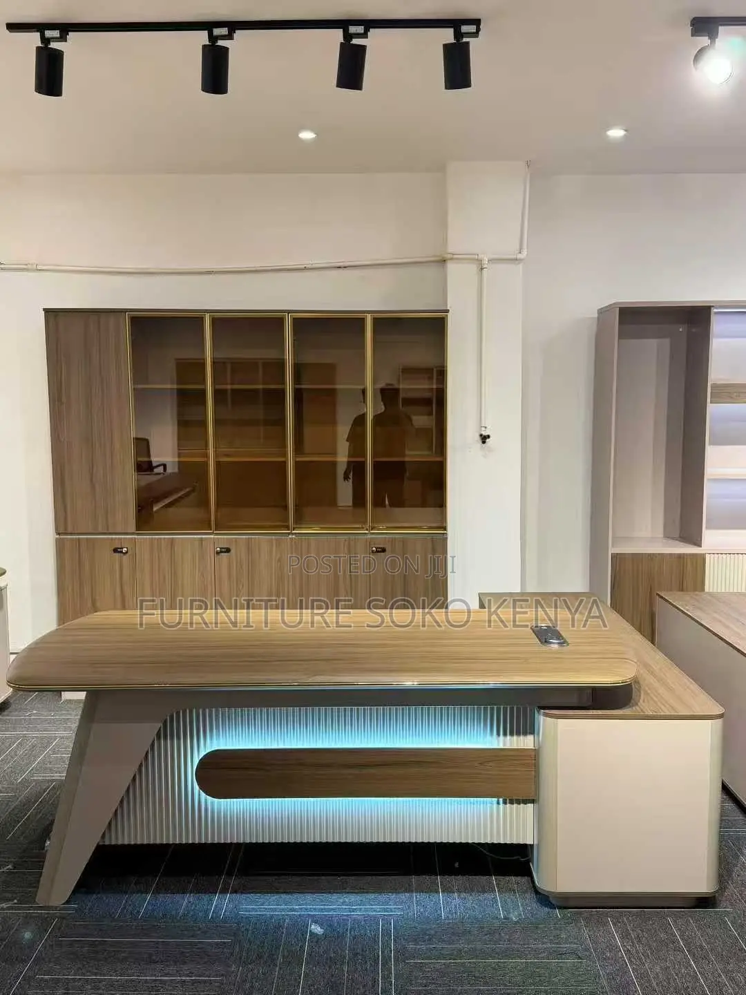 Office Desk : L-Shaped Executive Office Desk With LED Lighting