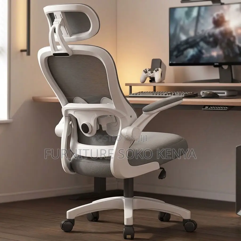 Task Chair : White and Grey High-Back Ergonomic Mesh Office Chair