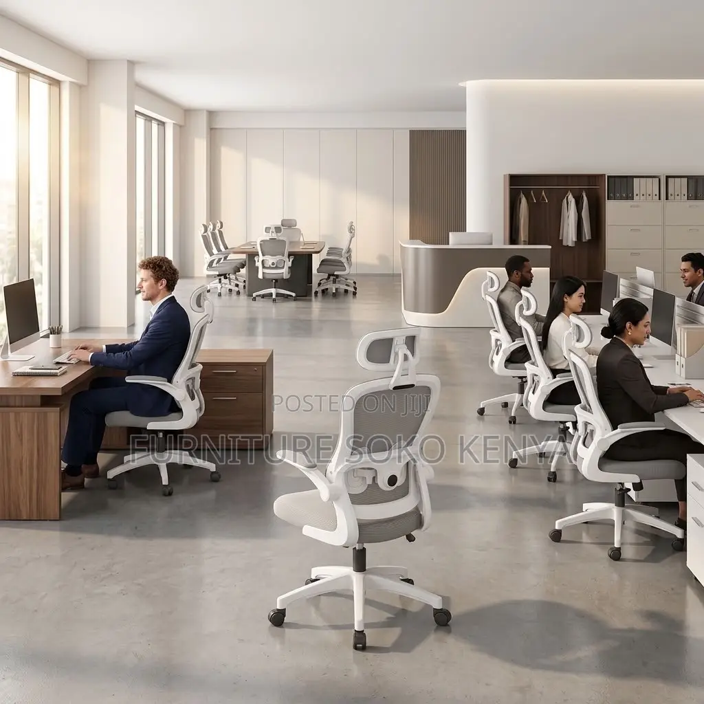 Task Chair : White and Grey High-Back Ergonomic Mesh Office Chair