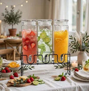3pc Glass Juice Dispenser Set With Metallic Stand
