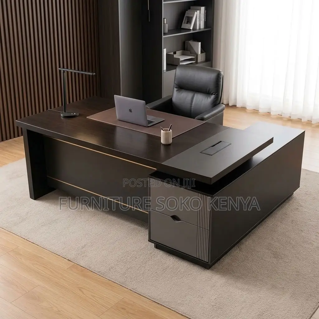 Office Desk : 1.8M Modern L-Shaped Executive Office Desk in Ebony Wood