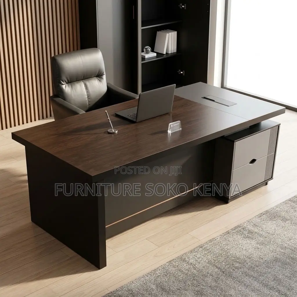 Office Desk : 1.8M Modern L-Shaped Executive Office Desk in Ebony Wood