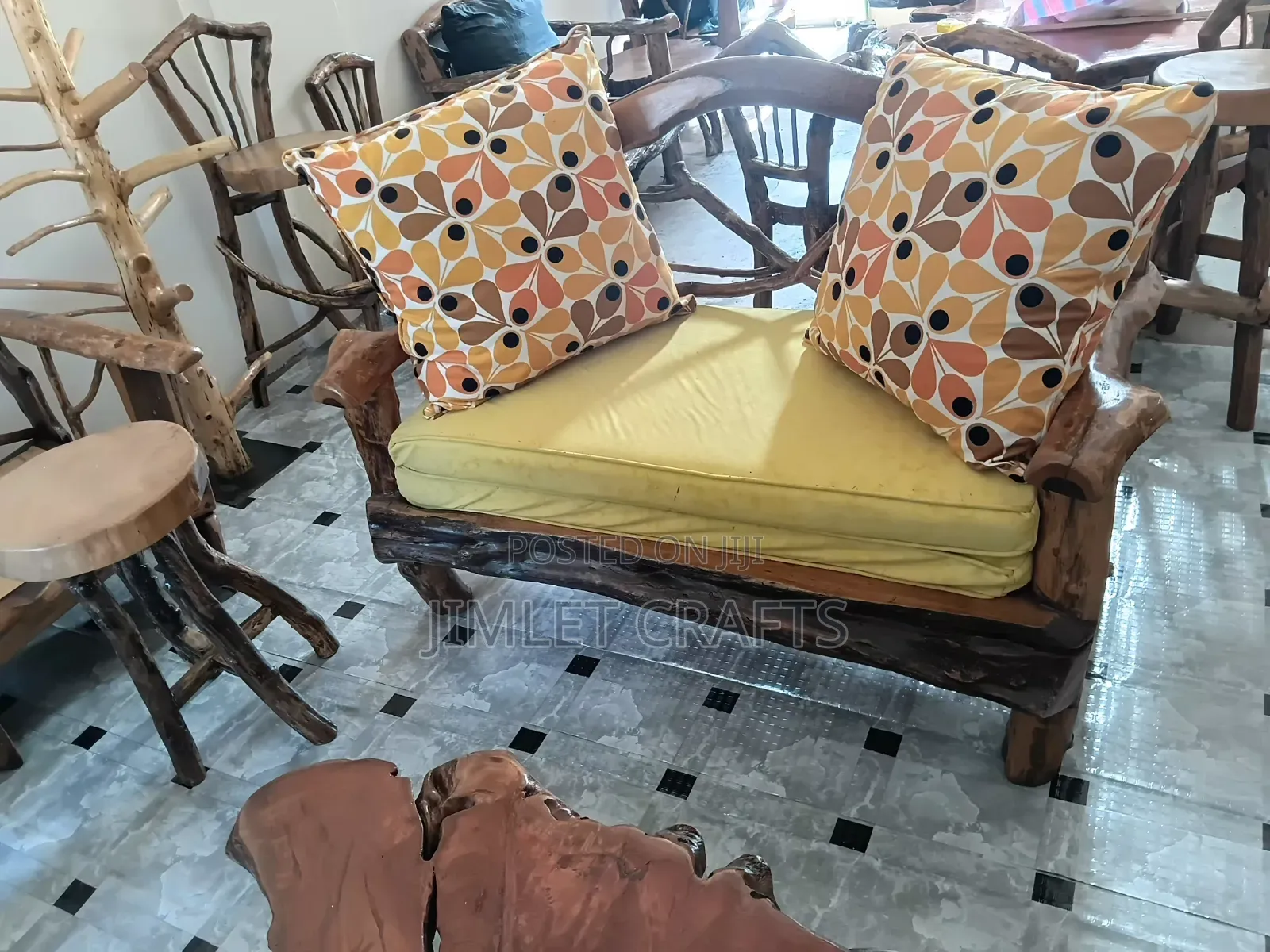 Rustic Handcrafted Log Sofa With Cushions