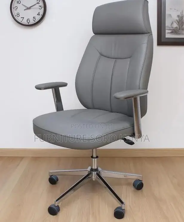 Office Chair : Grey Executive High-Back Leather Office Chair