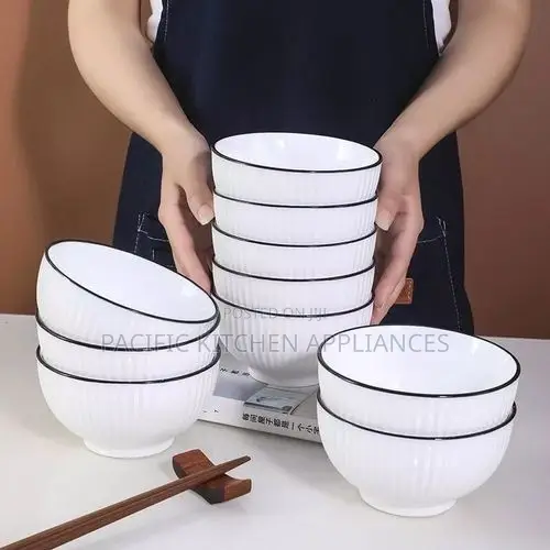 6 PCS Set Stylish Ceramic Bowls – White Ribbed Design With Black Rim