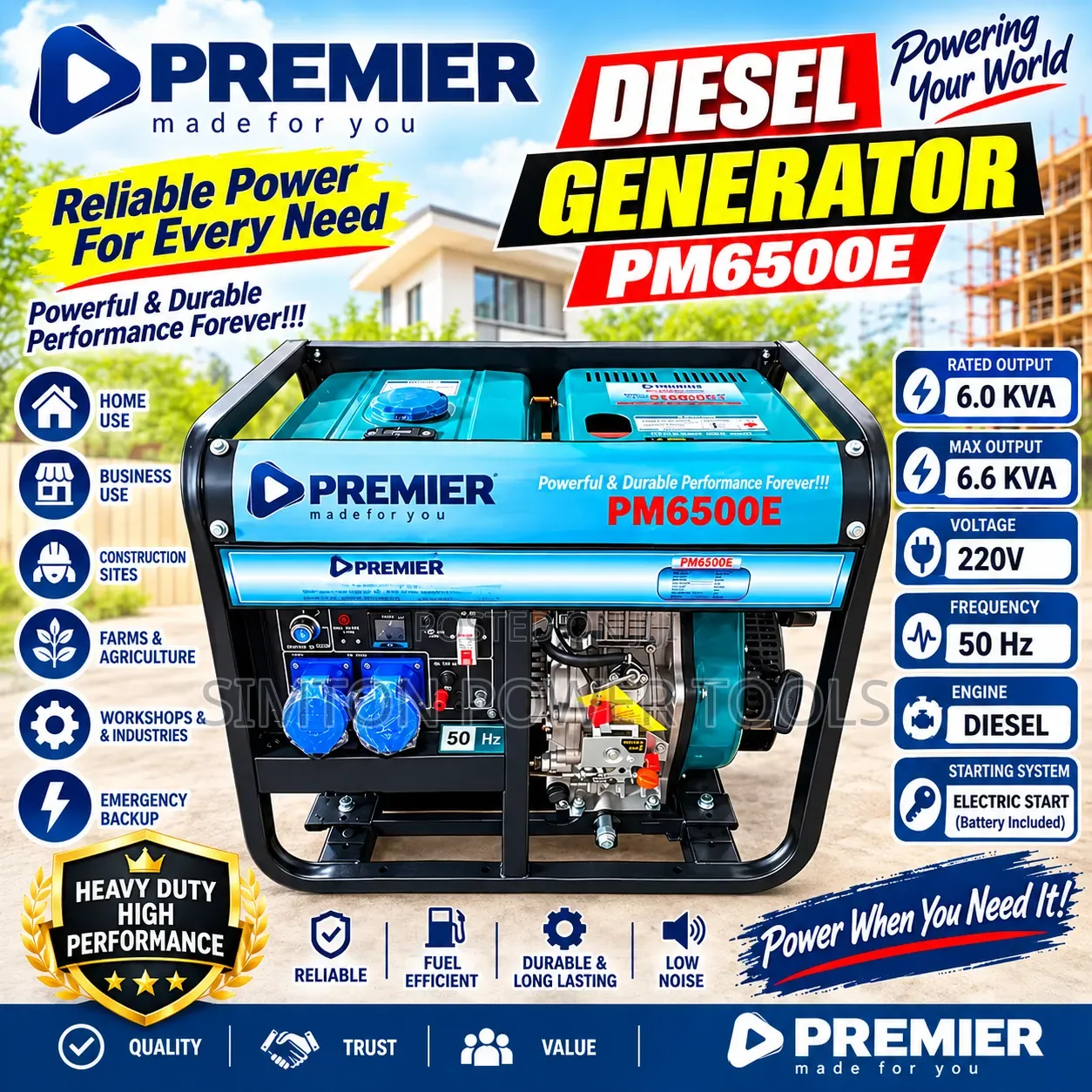 Premier Pm6500e Diesel Generator – 6.6kva ✓