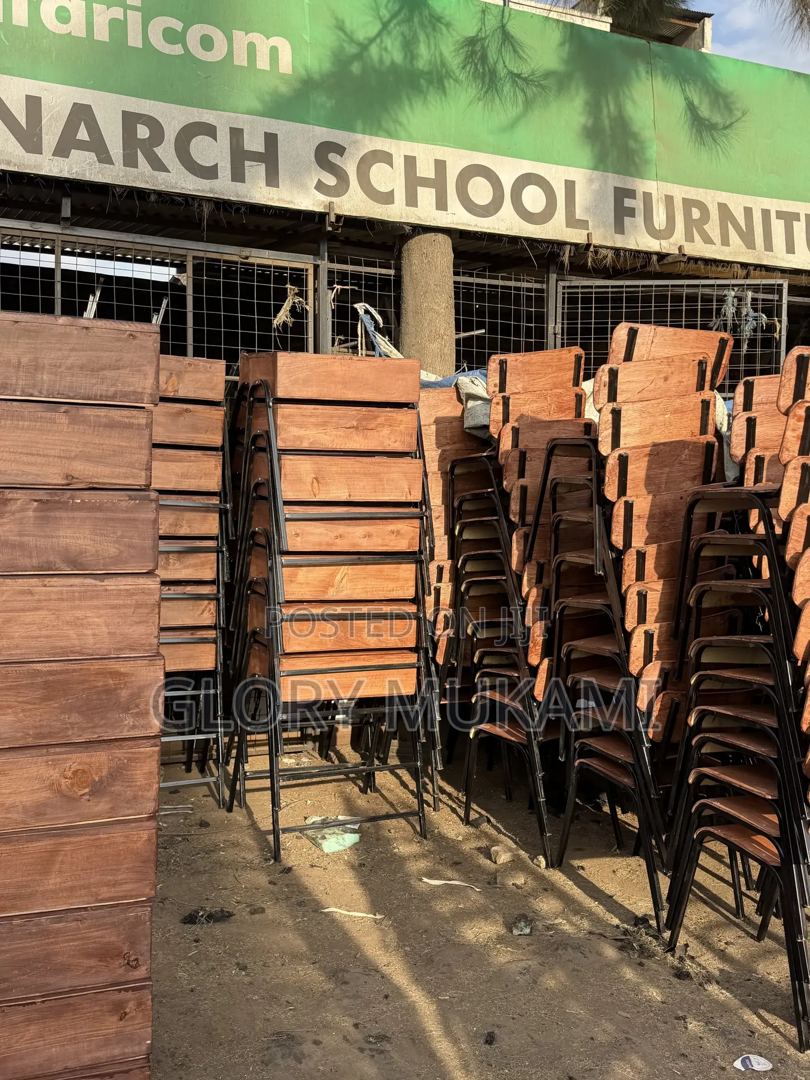 Brown Varnished Junior Secondary School Lockers and Chairs