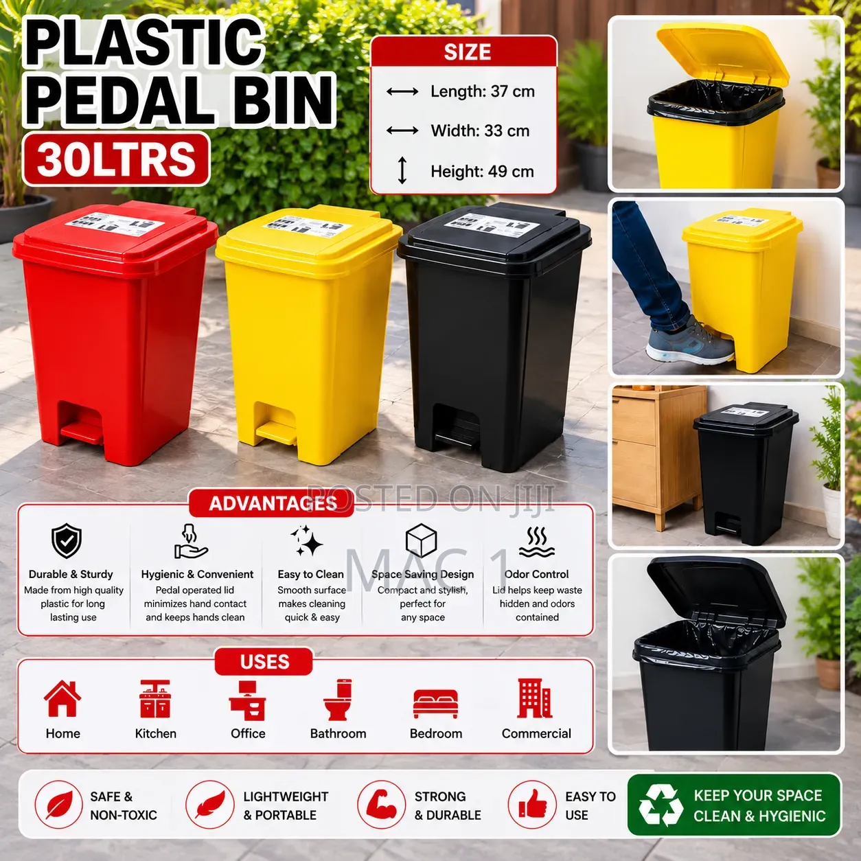30L Plastic Pedal Dustbin With Foot Operated Lid