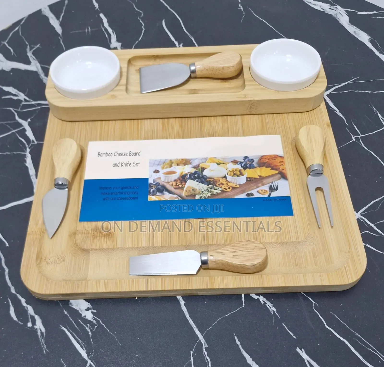 Bamboo Cheese Board & Cutlery Set With 2 Ceramic Dips